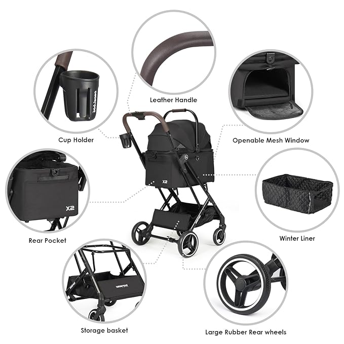 X2 Pet Stroller, Dog Cat Stroller for Small Pets Under 44lbs, Equipped with Detachable &amp; Foldable Carrier, Waterproof Pad &amp; Sunshade Canopy,Camel (Black)