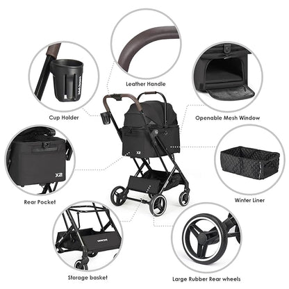X2 Pet Stroller, Dog Cat Stroller for Small Pets Under 44lbs, Equipped with Detachable &amp; Foldable Carrier, Waterproof Pad &amp; Sunshade Canopy,Camel (Black)