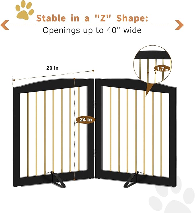 Freestanding Pet Gate for Dogs, Foldable Wooden Dog Gate for House, Stairs, Doorways, Step Over Pet Puppy Safety Fence,Support Feet Included,24" Height 2 Panels, Black&amp;Gold