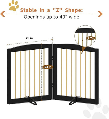 Freestanding Pet Gate for Dogs, Foldable Wooden Dog Gate for House, Stairs, Doorways, Step Over Pet Puppy Safety Fence,Support Feet Included,24" Height 2 Panels, Black&amp;Gold
