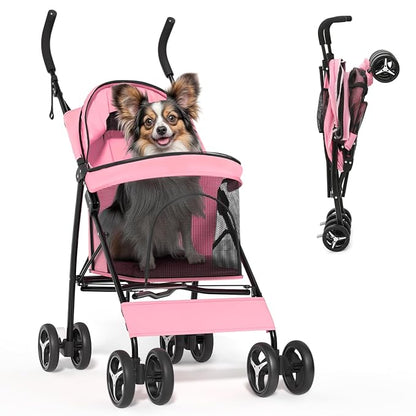 Magshion Compact Pet Stroller for Small-Medium Dogs/Cats up to 22lbs, 4-Wheel Lightweight Umbrella Shaped Portable Puppy Travel Jogger with Breathable Mesh &amp; Rear Storage, Pink