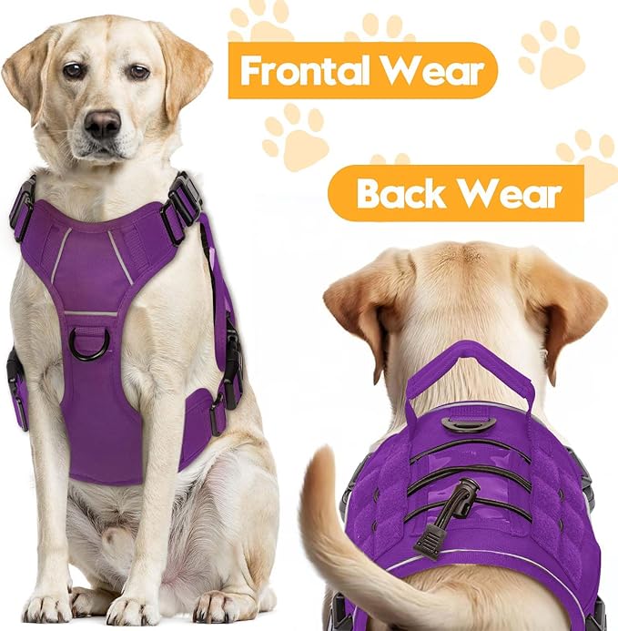 Heavy-Duty Tactical Dog Harness for Large Dogs, No Pull Adjustable Reflective Pet Vest with Molle System, K9 Military-Grade Control for Service Training, Outdoor &amp; 10+ Breeds, Purple, Small