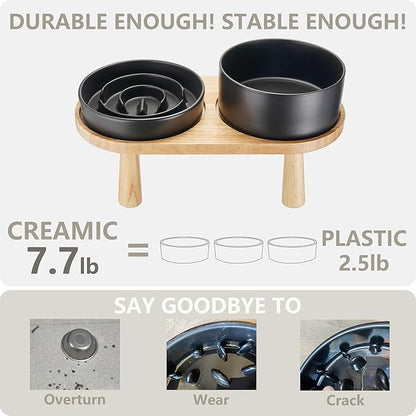 Ceramic Slow Feeder and Water Bowl Set for Medium and Large Dogs, Ceramic Dog Bowls Elevated with Wooden Stand, 2.0 Cups Dog Slow Feeder(30oz) and 70oz Water Bowl Set, Black