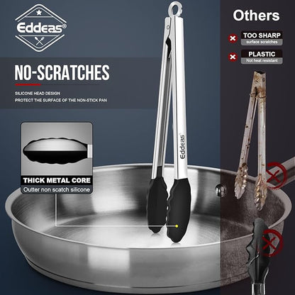 Kitchen Tongs with Silicone Tips, Heat Resistant 600 Degrees All Metal handle Locking Tongs For Cooking with Rubber Tips, Heavy Duty Stainless steel Food Tongs, Set of 3-7" 9" &amp; 12" Black