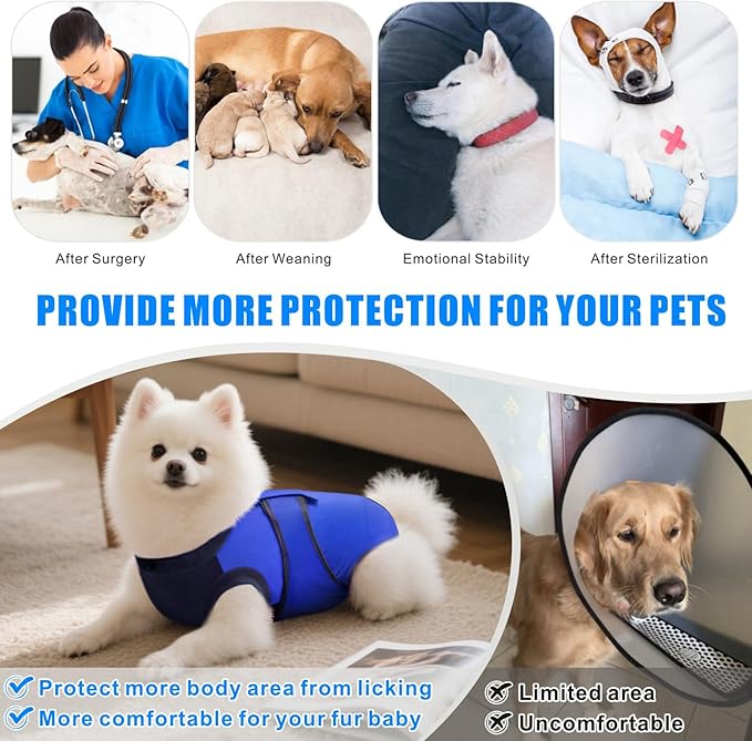 Idepet Dog Recovery Suit Female,Dogs Onesie Suit Surgery Male Breathable Pet Bodysuit for Spay Neuter E-Collar &amp; Cone Alternative Surgical Suit Puppy Abdominal Anti Licking Wounds Shirt (Blue, S)