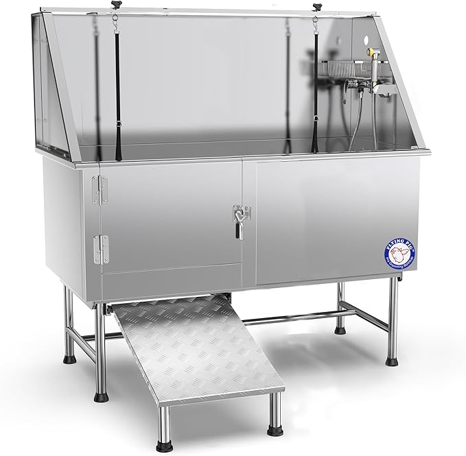 Flying Pig 62" Stainless Steel Pet Dog Grooming Bath Tub with Walk-in Ramp &amp; Accessories (Left Door/Right Drain)