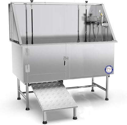 Flying Pig 62" Stainless Steel Pet Dog Grooming Bath Tub with Walk-in Ramp &amp; Accessories (Left Door/Right Drain)
