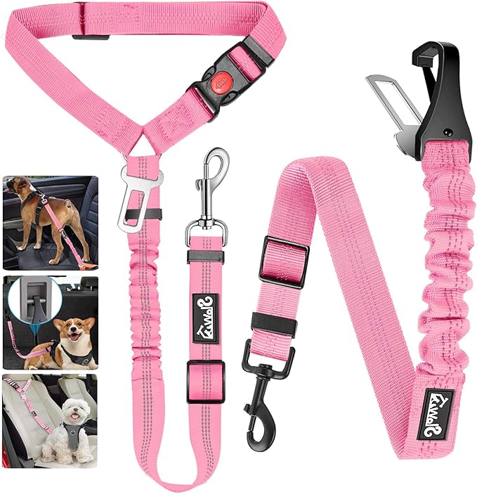 Lukovee Dog Seatbelt Leash for Cars, 2 Pack Pet Safety Seat Belt with Adjustable Buckle &amp; Reflective Bungee, Connect Dog Harness in Vehicle Dogs Restraint Travel Daily Use (Pink)