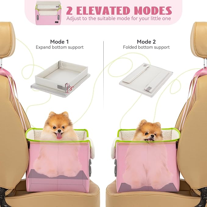 PETSFIT Small Dog Car Seat, Patent Safe Buckles Dog Booster Car Seat, Cat Car Seat with Safety Belt, Suitable for Small Pets Up to 25lbs (Pink)