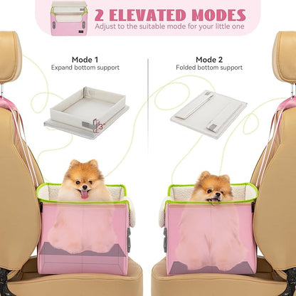 PETSFIT Small Dog Car Seat, Patent Safe Buckles Dog Booster Car Seat, Cat Car Seat with Safety Belt, Suitable for Small Pets Up to 25lbs (Pink)