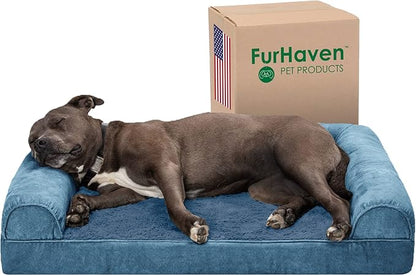 Furhaven Orthopedic Dog Bed for Large/Medium Dogs w/ Removable Bolsters &amp; Washable Cover, For Dogs Up to 55 lbs - Faux Fur &amp; Velvet Sofa - Harbor Blue, Large