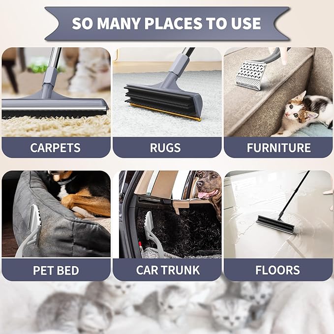 3 in 1 Carpet rake Kit for Pet Hair Removal Tool - Reusable Pet Hair Remover Broom w 58" Adjustable Long Handle, Dog &amp; Cat Carpet Scraper, Pet Hair Remover for Rugs, Mats, Couch, Curtains(Gray)
