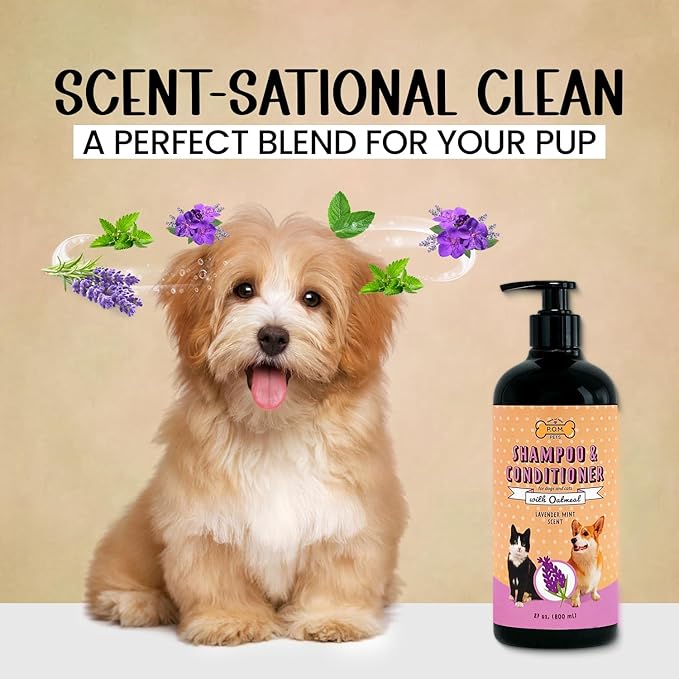POM Pets 2-in-1 Organic Dog Shampoo &amp; Conditioner – Itchy Skin Relief, Dog Deshedding, Detangles Fur, Cat Shampoo, Paw Cleaner for Dogs, Natural Coat Defense Formula