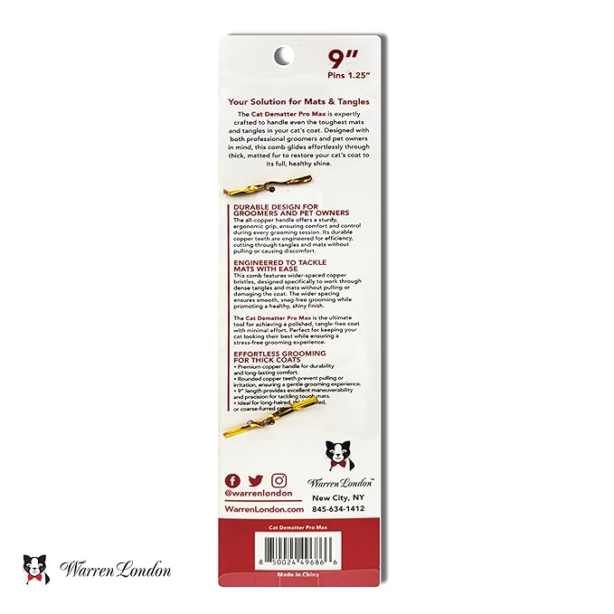 Warren London Cat DeMatter Pro Max | 9" Copper Grooming Comb for Cats | Detangles Mats, Knots &amp; Loose Fur – Gentle, No-Pull Design for Long, Thick, or Tangled Coats | Professional Cat Grooming Tool