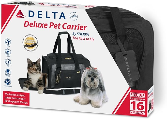 Sherpa Delta Airlines Travel Pet Carrier, Airline Approved &amp; Guaranteed On Board - Black, Medium
