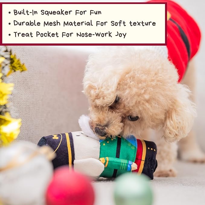 Nutcracker Treat-Dispensing Soft Plush Squeaky Pet Toy - Christmas/X’Mas Festive Enrichment Gift, Durable Cute&amp;Fun Toy for Interactive Play,Hide Food for Nose-Work Puzzle, Small Medium Dogs