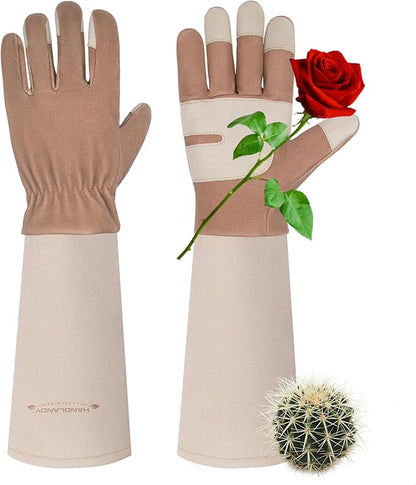 HANDLANDY Long Gardening Gloves for Men &amp; Women, Thorn Proof Rose Pruning Gloves Leather Gauntlets Garden Glove Yard Work Glove (Small, Brown)