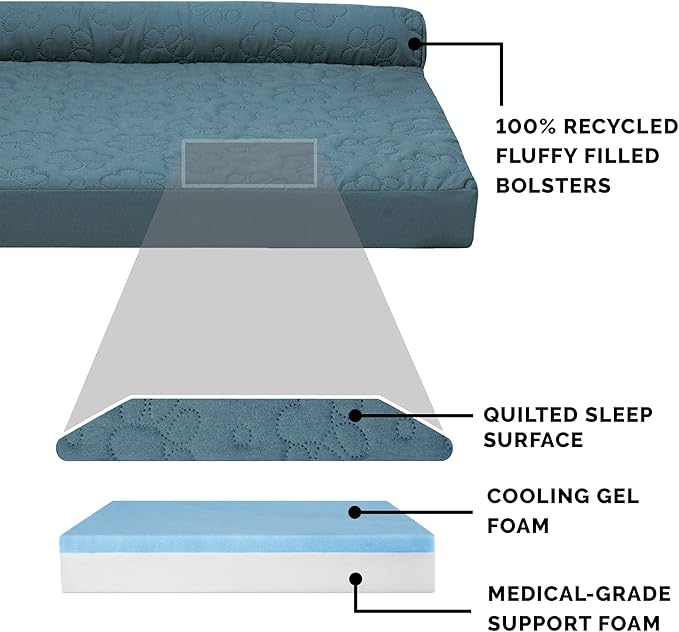 Furhaven Cooling Gel Dog Bed for Large/Medium Dogs w/ Removable Bolsters &amp; Washable Cover, For Dogs Up to 55 lbs - Pinsonic Quilted Paw L Shaped Chaise - Bluestone, Large