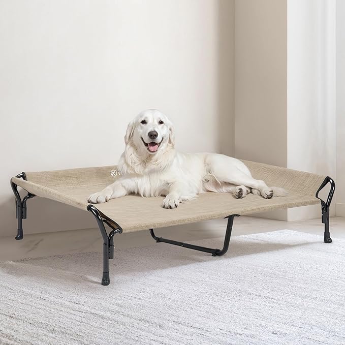 Veehoo Cooling Elevated Dog Bed, XL Raised Pet Cot with Guardrail &amp; Slope Headrest, Durable Breathable Teslin Mesh, Non-Slip Feet, Washable Dog Couch Bed for Indoor &amp; Outdoor, 50.5" x 33.5", Beige