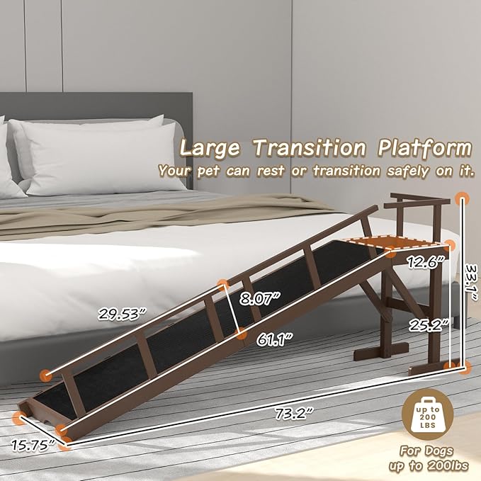 73" Dog Ramp for Bed, Pet Ramp with Removable Side Rail and Non-Slip Surface, Pet Ramp for Small &amp; Large &amp; Senior Dogs with Rest Platform and DIY Glow Strips,Dog Stairs for Couch, Brown