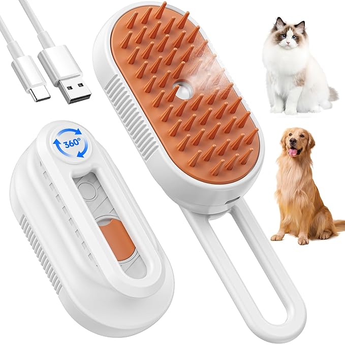 Cat Steam Brush for Shedding, 4 in 1 Rechargeable Steam Brush for Cats and Dogs, Anti-Static, Massage, Cleaning, Shedding &amp; Combing All In One!