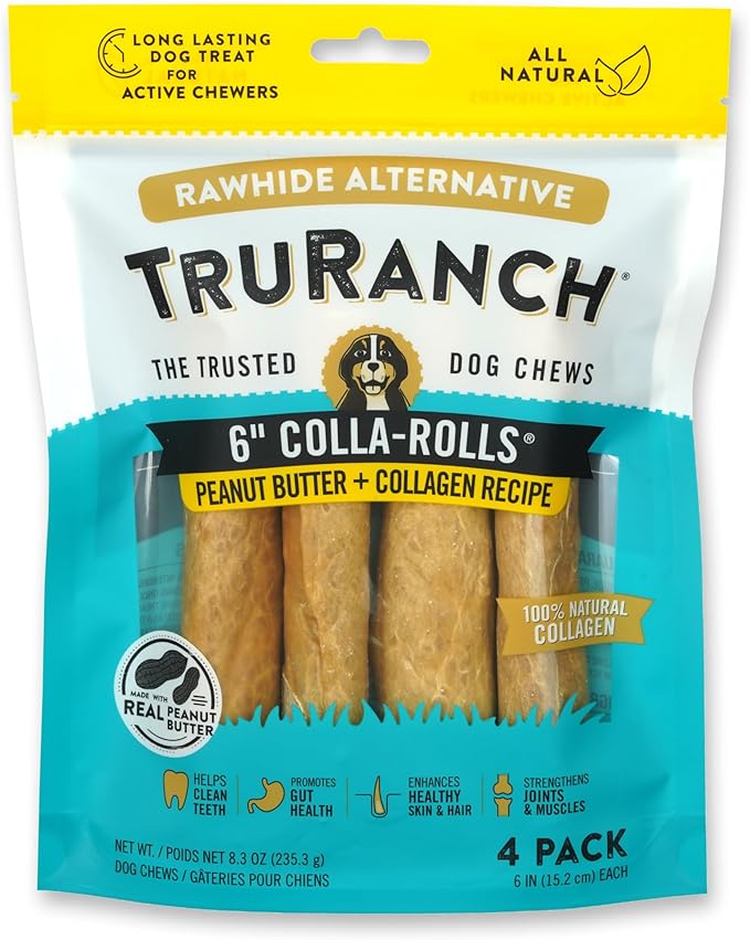 Collagen Rolls - 6" Collagen Rolls for Dogs - Long Lasting Healthy Joint Support Dog Treat - Rawhide Alternative - Skin &amp; Coat Health - Made with Real Peanut Butter, 1 Bag, 4 Count