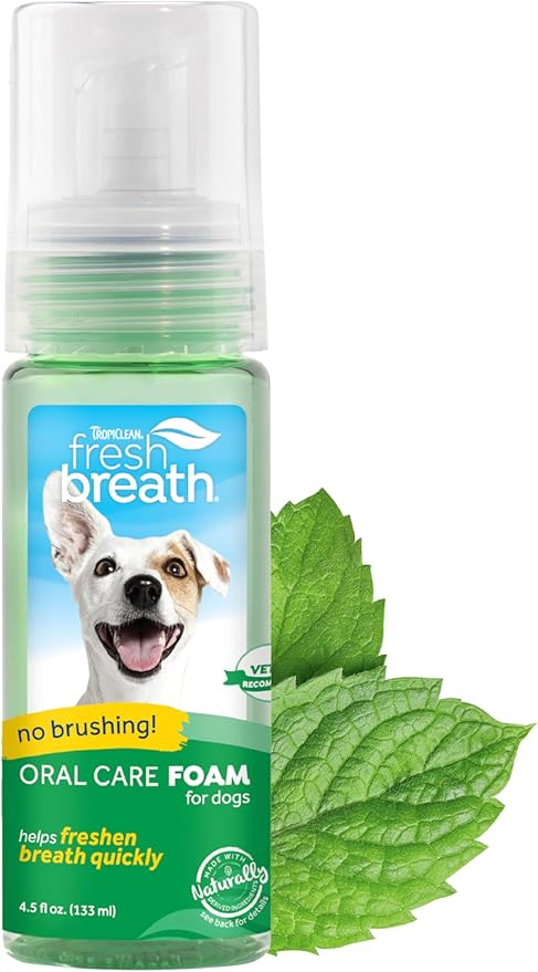 TropiClean Fresh Breath Dental Foam Spray for Dogs &amp; Cats | Quick Breath Freshener and Teeth Cleaning Solution | Made in The USA | 4.5oz.