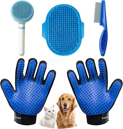 4Piece Dog Grooming Brush Set with Grooming Gloves, Deshedding Comb &amp; Massage Bath Brush - Multifunctional Pet Hair Removal Tools for Shedding, Bathing, Brushing (Blue)