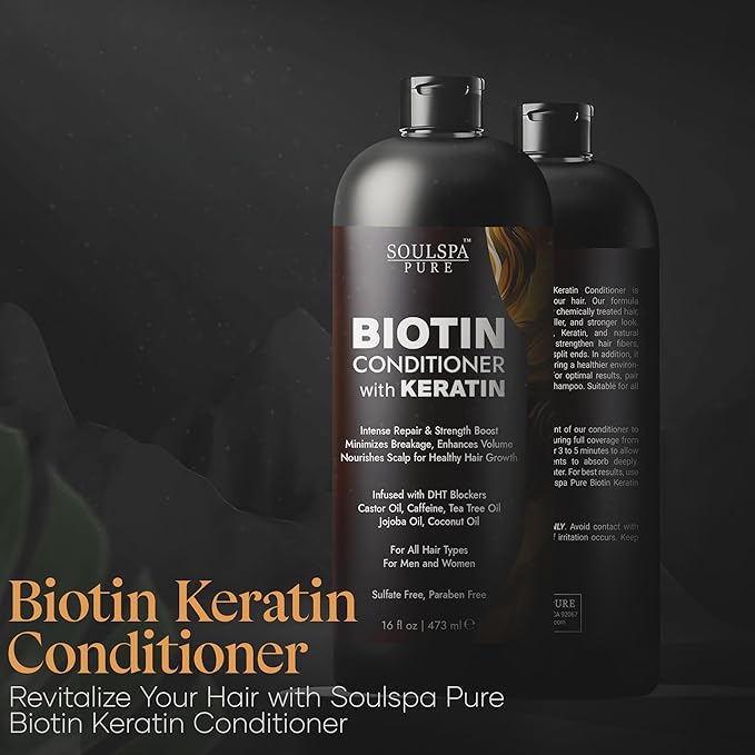 Biotin Conditioner with Keratin - Intense Repair &amp; Strength Boost Formula - Nourishes Scalp for Healthy Hair Growth, with Tea Tree Oil &amp; DHT Blockers, for Men &amp; Women, 16 fl oz - SOULSPA PURE