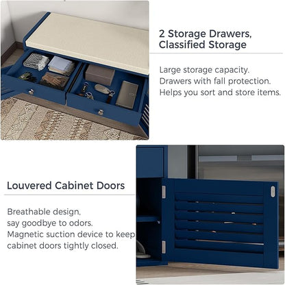 Shoe Storage Bench with 2 Drawers &amp; 2 Doors, Entryway Bench with Cushion, 2 Adjustable Shelves, Shoe Cabinet for Entryway, Living Room, Hallway, Mudroom, Bedroom, Blue