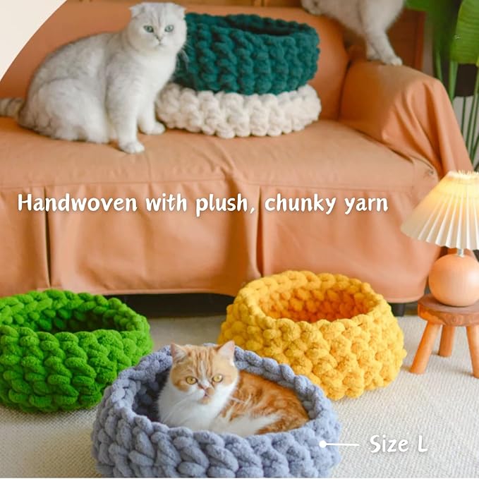 Cat Nest Bed – Premium Handwoven Washable Extra Soft Round Cave House for Indoor Kitten &amp; Kitty, Small &amp; Large (LGreen,Large)