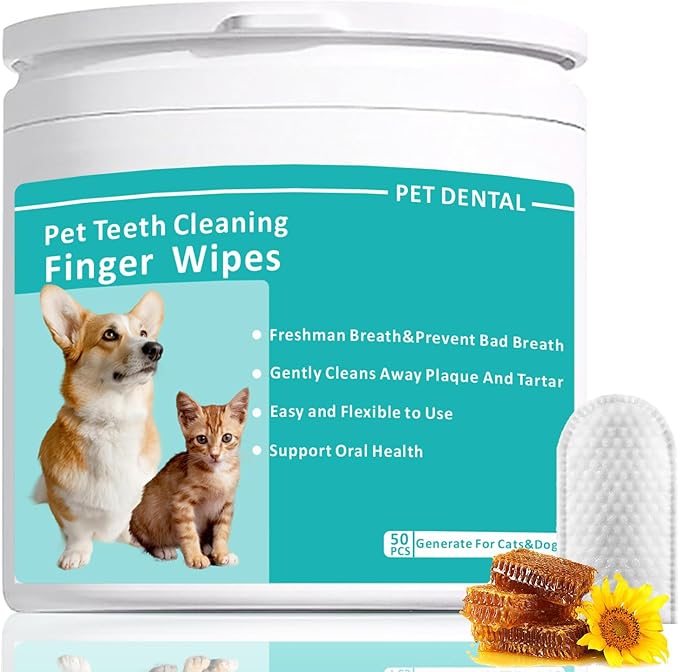 Pet Tooth Cleaning Finger Wipes (50Pcs),Dog Teeth Cleaning Wipes,Dog Dental Cleaning Finger Sleeves,Reduces Plaque &amp; Freshens Breath,Freshens Breath, Safe and Natural