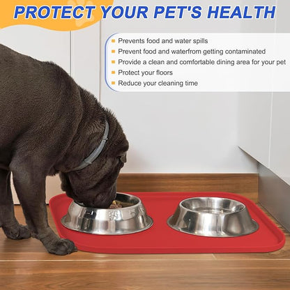 Silicone Pet Feeding Mat with Raised Edge for Food and Water, Dog Bowl Mats, Cat Bowls Placemat with High Lip for Floor Waterproof, Rubber Tray for Cats and Dogs 19 x 12 x0.7 Red