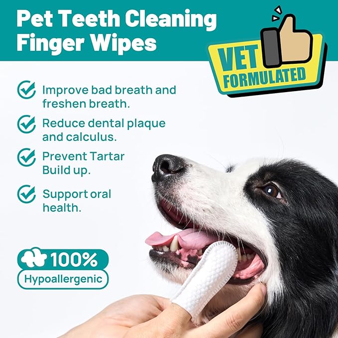 Dog Dental Care Finger Wipes - Teeth Cleaning Finger Wipes for Dog &amp; Cats - Tooth Brushing Kit Dental Wipes for Dog - Reduces Plaque &amp; Freshens Breath (50 PCS, Beef)