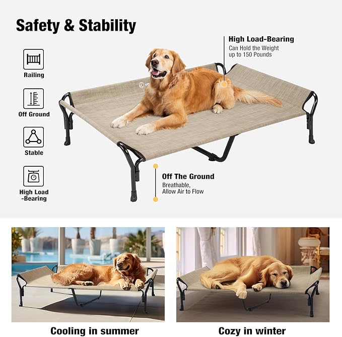 Veehoo Cooling Elevated Dog Bed, XL Raised Pet Cot with Guardrail &amp; Slope Headrest, Durable Breathable Teslin Mesh, Non-Slip Feet, Washable Dog Couch Bed for Indoor &amp; Outdoor, 50.5" x 33.5", Beige