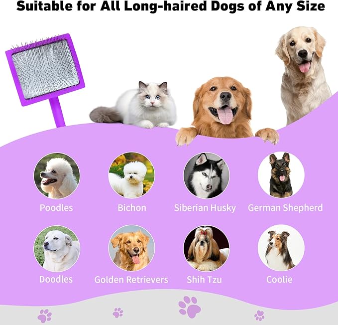 Dog Slicker Brush for Shedding and Grooming Medium or Long Haired Cats, Extra Long &amp; Soft Pin Slicker Brush for Removes Loose Hair, Tangles, Knots, Undercoat, Free Pet Comb, Large Purple