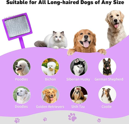 Dog Slicker Brush for Shedding and Grooming Medium or Long Haired Cats, Extra Long &amp; Soft Pin Slicker Brush for Removes Loose Hair, Tangles, Knots, Undercoat, Free Pet Comb, Large Purple