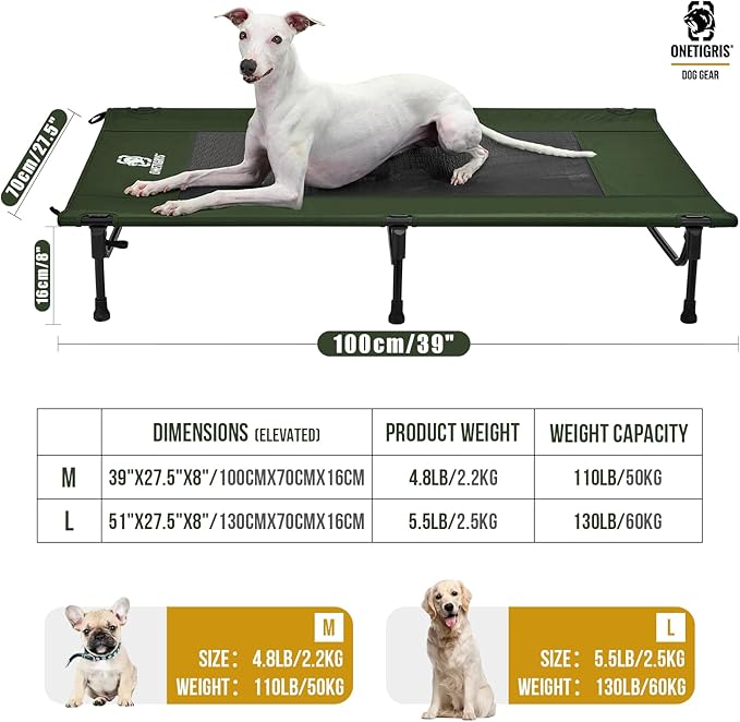 ONETIGRIS Elevated Dog Bed, Outdoor Dog Cod Large Raised Dogs Bed with Chew Proof Mesh, No-Slip Portable Dogs Cot Bed for Indoor &amp; Outdoor Portable (Green, Large)