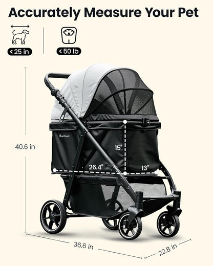 Medium Dog Stroller, Foldable Pet Stroller with Adjustable Handle &amp; No Zip Entry, Storage Basket &amp; Cup Holder, Canopy, Mesh Windows, Ideal for Medium Dogs and Cats Up to 50lbs, Black