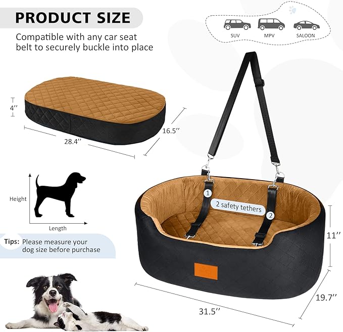 Dog Car Seat for Medium &amp; Large Dogs up to 55 lbs, Elevated Booster Seat with Anti-Slip Base, Detachable &amp; Machine-Washable Pet Car Bed for SUV/Sedan (Black/Brown)