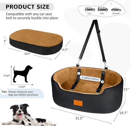 Dog Car Seat for Medium &amp; Large Dogs up to 55 lbs, Elevated Booster Seat with Anti-Slip Base, Detachable &amp; Machine-Washable Pet Car Bed for SUV/Sedan (Black/Brown)