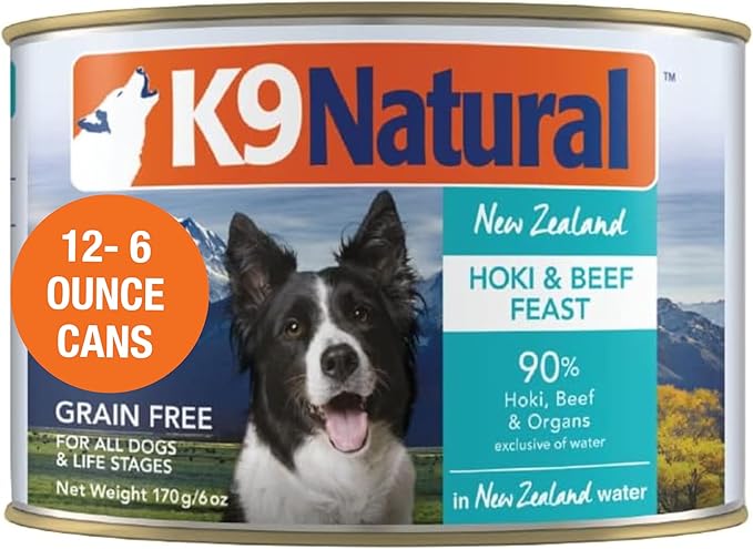 K9 Natural Wet Dog Food Pate, Hoki &amp; Beef Feast, 6 Oz Cans (Pack of 12), Grain Free, Made in New Zealand with Sustainably Caught Hoki Fish and Grass-Fed and Finished Beef