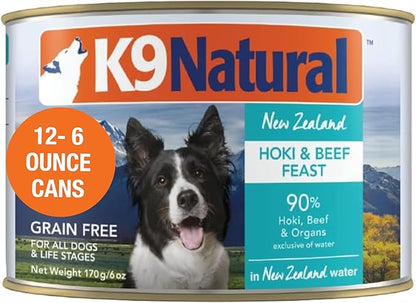 K9 Natural Wet Dog Food Pate, Hoki &amp; Beef Feast, 6 Oz Cans (Pack of 12), Grain Free, Made in New Zealand with Sustainably Caught Hoki Fish and Grass-Fed and Finished Beef