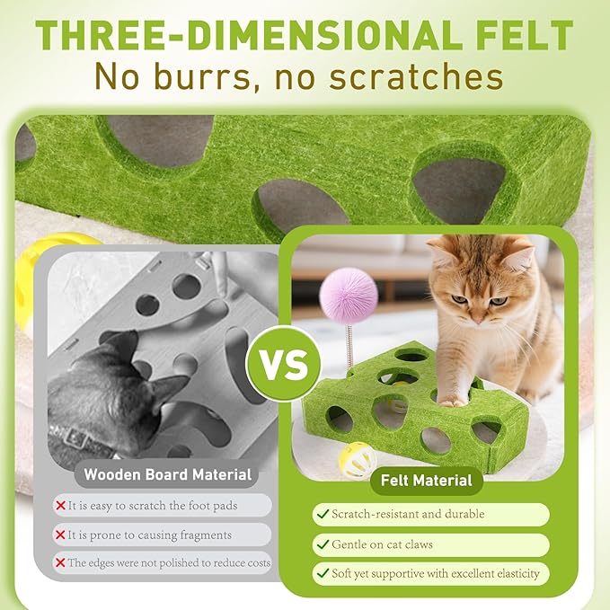 Interactive Cat Puzzle Toy for Indoor Cats &amp; Kittens - Fun Track Balls &amp; Spring Teaser in Stimulating Felt Puzzle Box (Green) - Mental Enrichment Game