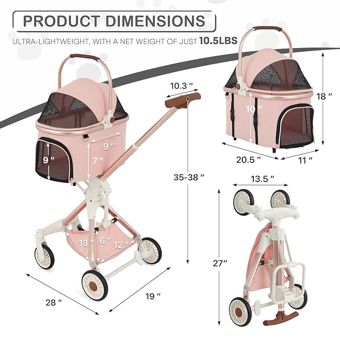 MoNiBloom 3 in 1 Pet Stroller with Adjustable Handle, Jogging Stroller w/Detachable Carrier &amp; Lightweight Aluminum Frame for Dogs Cats, Soft Pink