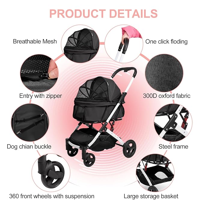 Pet Stroller for Medium Small Dog &amp; Cat, Foldable Lightweight Dog Stroller with Storage Basket Pet Travel Carriage with Safety Leashes, 4 Wheel, Black