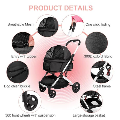 Pet Stroller for Medium Small Dog &amp; Cat, Foldable Lightweight Dog Stroller with Storage Basket Pet Travel Carriage with Safety Leashes, 4 Wheel, Black