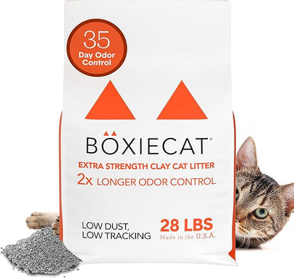 Boxie® Extra Strength 35 Day Odour Control Clumping Clay Cat &amp; Kitty Litter 28lb, 99.9% Dust-Free, Probiotic Formula, Long-Lasting, Veterinarian Approved, Easy Scooping for Multi-Cat Homes