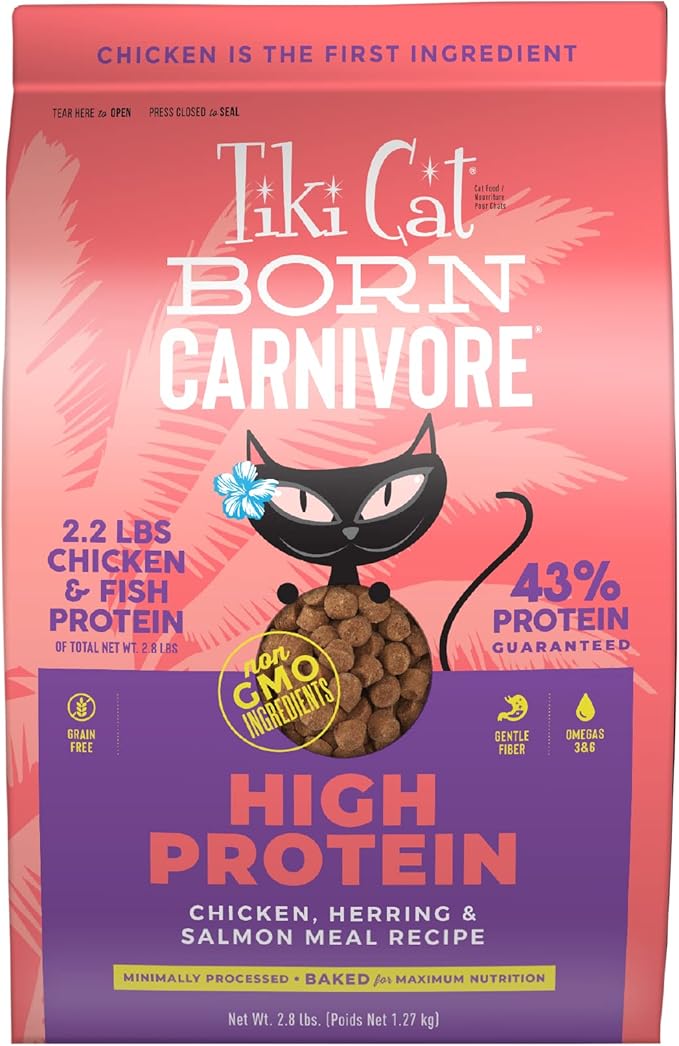 Tiki Cat Born Carnivore High Protein Dry Cat Food, Chicken Herring &amp; Salmon Meal, 2.8 lbs. Bag