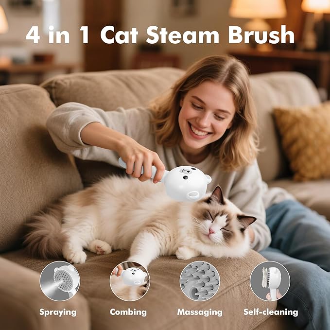 4 in 1 Pet Steam Brush for Cat &amp; Dog, Cat Steam Brush for indoor Cats, Self Cleaning Shedding &amp; Grooming Tool with Waterless Shampoo, Pet Spray Hair Removal Comb with Release Button &amp; Water Tank